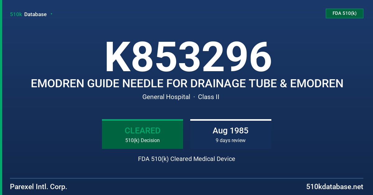 K853296 EMODREN GUIDE NEEDLE FOR DRAINAGE TUBE & EMODREN FDA 510(k) Cleared Medical Device