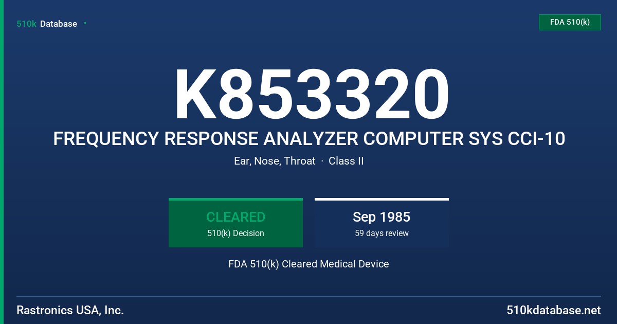 K853320 FREQUENCY RESPONSE ANALYZER COMPUTER SYS CCI-10 FDA 510(k) Cleared Medical Device