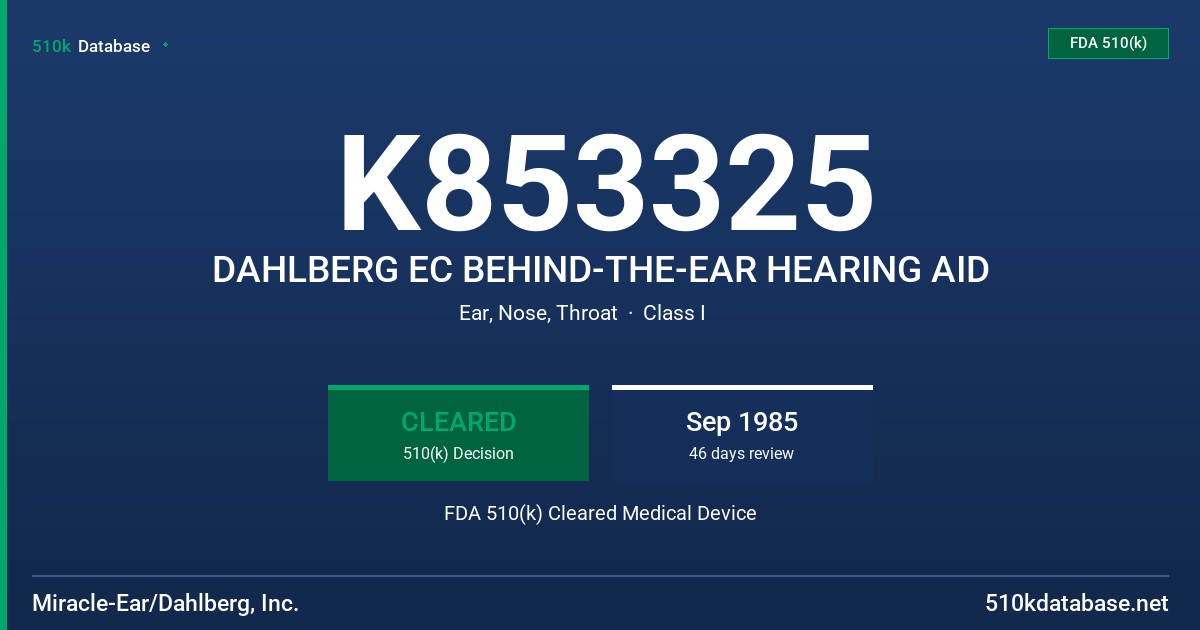 K853325 DAHLBERG EC BEHIND-THE-EAR HEARING AID FDA 510(k) Cleared Medical Device