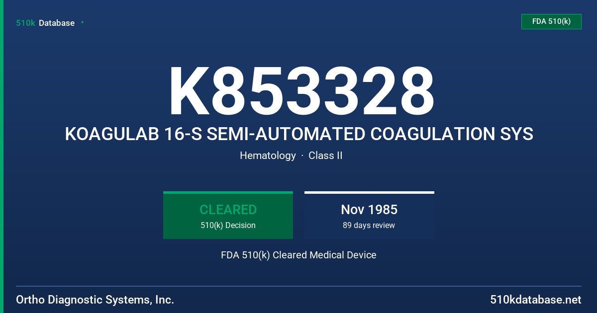 K853328 KOAGULAB 16-S SEMI-AUTOMATED COAGULATION SYS FDA 510(k) Cleared Medical Device