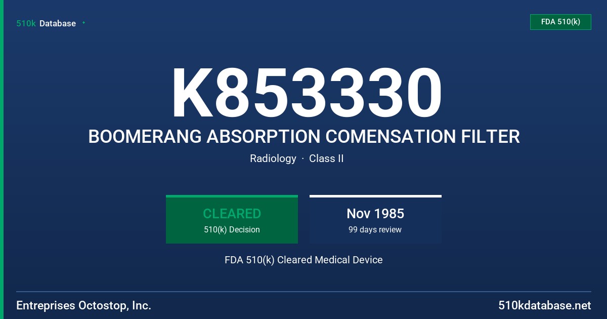 K853330 BOOMERANG ABSORPTION COMENSATION FILTER FDA 510(k) Cleared Medical Device
