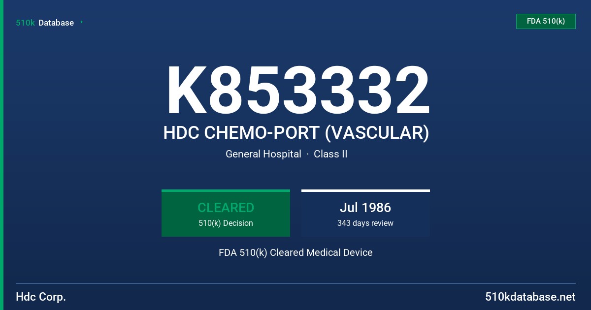 K853332 HDC CHEMO-PORT (VASCULAR) FDA 510(k) Cleared Medical Device