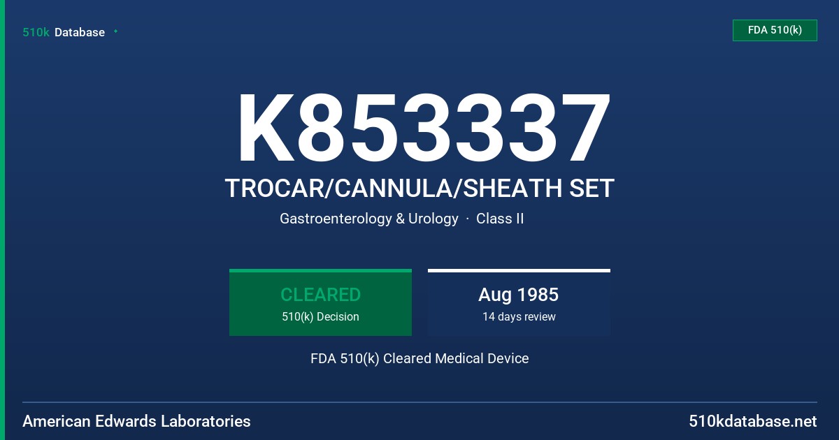 K853337 TROCAR/CANNULA/SHEATH SET FDA 510(k) Cleared Medical Device