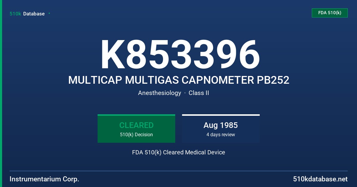 K853396 MULTICAP MULTIGAS CAPNOMETER PB252 FDA 510(k) Cleared Medical Device