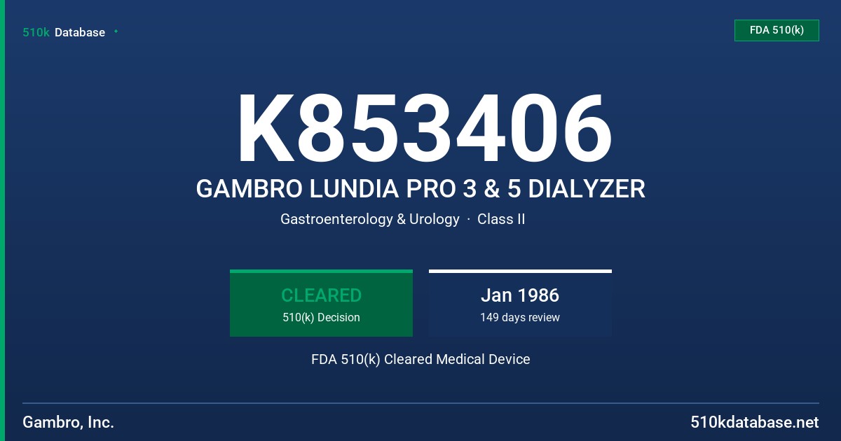 K853406 GAMBRO LUNDIA PRO 3 & 5 DIALYZER FDA 510(k) Cleared Medical Device