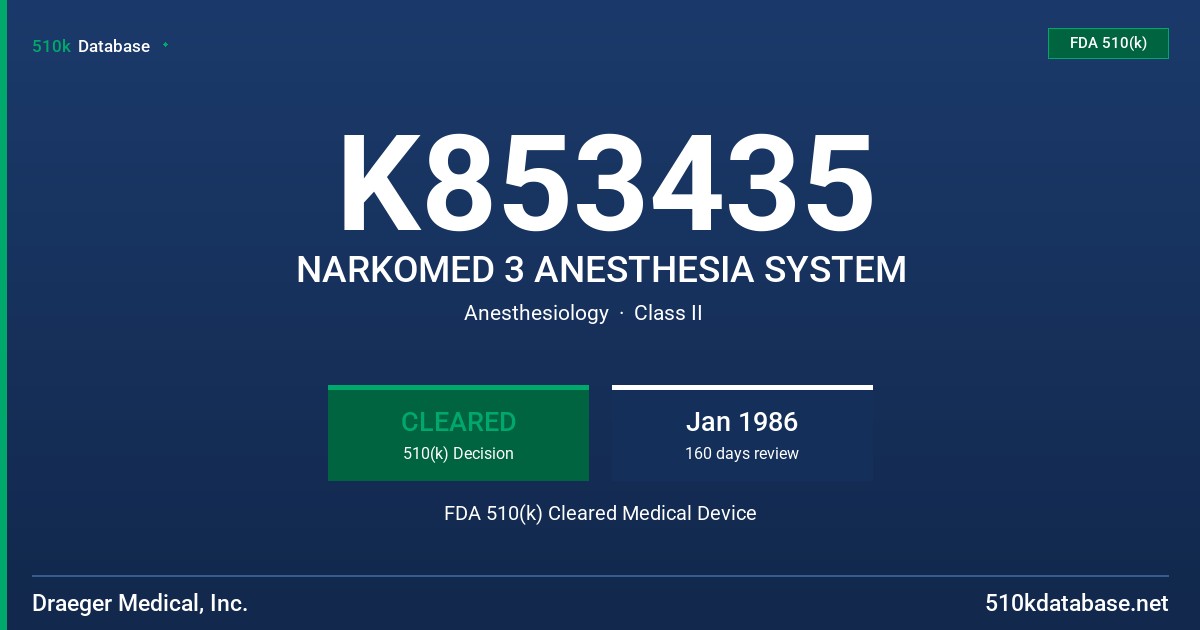 K853435 NARKOMED 3 ANESTHESIA SYSTEM FDA 510(k) Cleared Medical Device