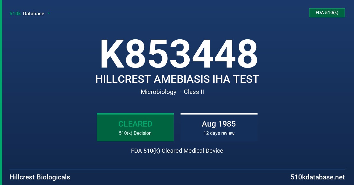 K853448 HILLCREST AMEBIASIS IHA TEST FDA 510(k) Cleared Medical Device
