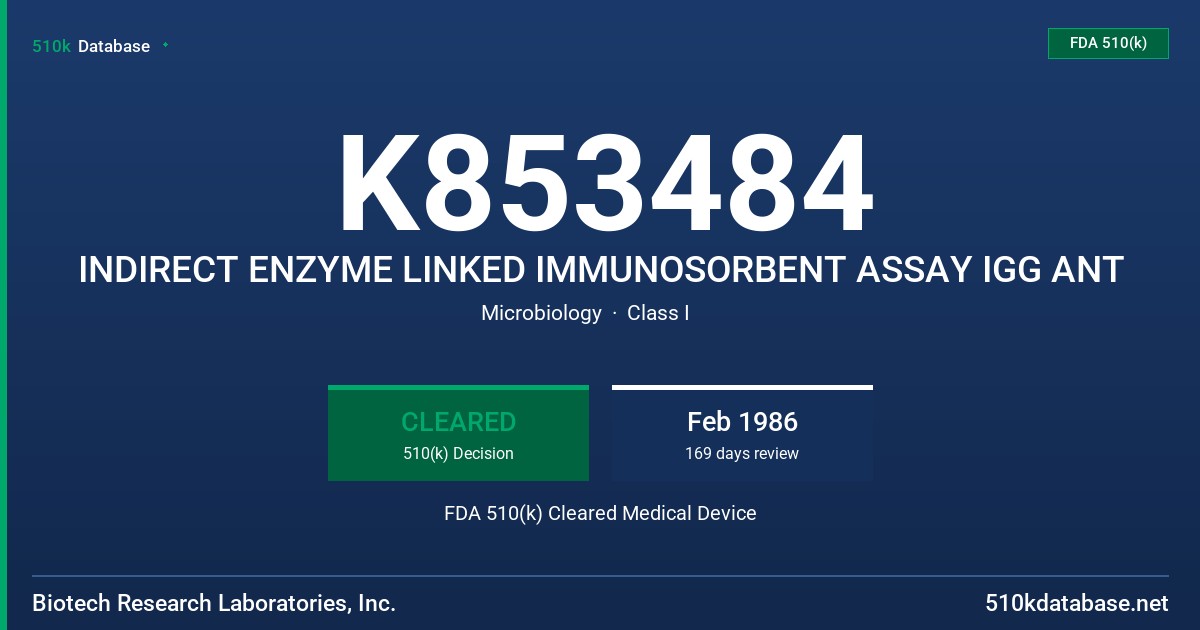 K853484 INDIRECT ENZYME LINKED IMMUNOSORBENT ASSAY IGG ANT FDA 510(k) Cleared Medical Device
