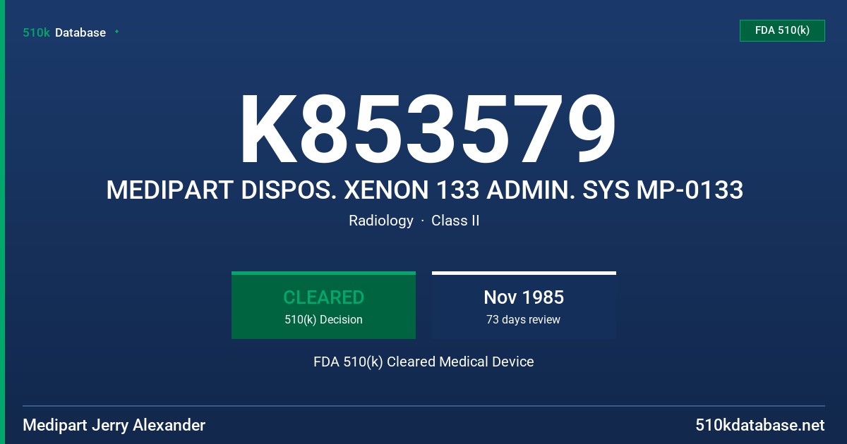K853579 MEDIPART DISPOS. XENON 133 ADMIN. SYS MP-0133 FDA 510(k) Cleared Medical Device