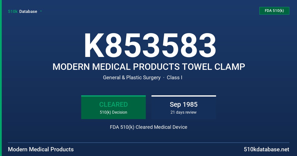 K853583 MODERN MEDICAL PRODUCTS TOWEL CLAMP FDA 510(k) Cleared Medical Device