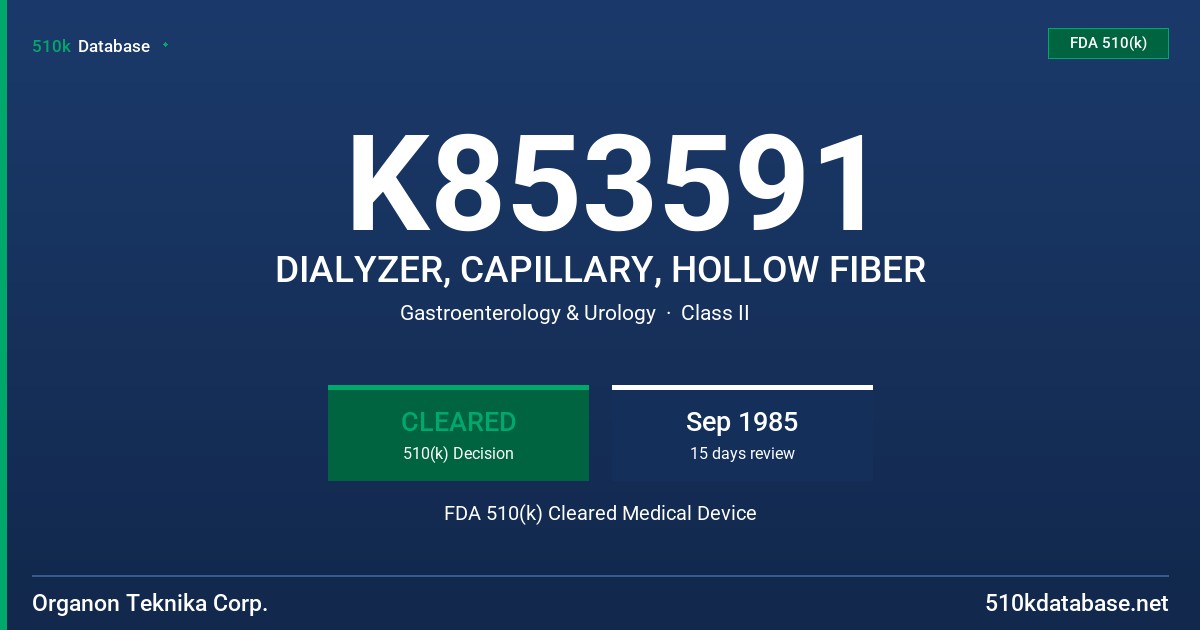 K853591 DIALYZER, CAPILLARY, HOLLOW FIBER FDA 510(k) Cleared Medical Device