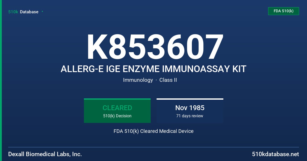 K853607 ALLERG-E IGE ENZYME IMMUNOASSAY KIT FDA 510(k) Cleared Medical Device
