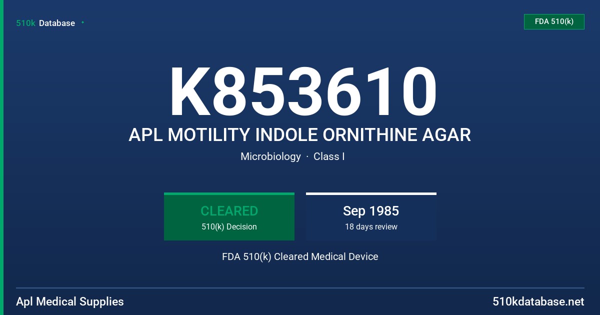 K853610 APL MOTILITY INDOLE ORNITHINE AGAR FDA 510(k) Cleared Medical Device