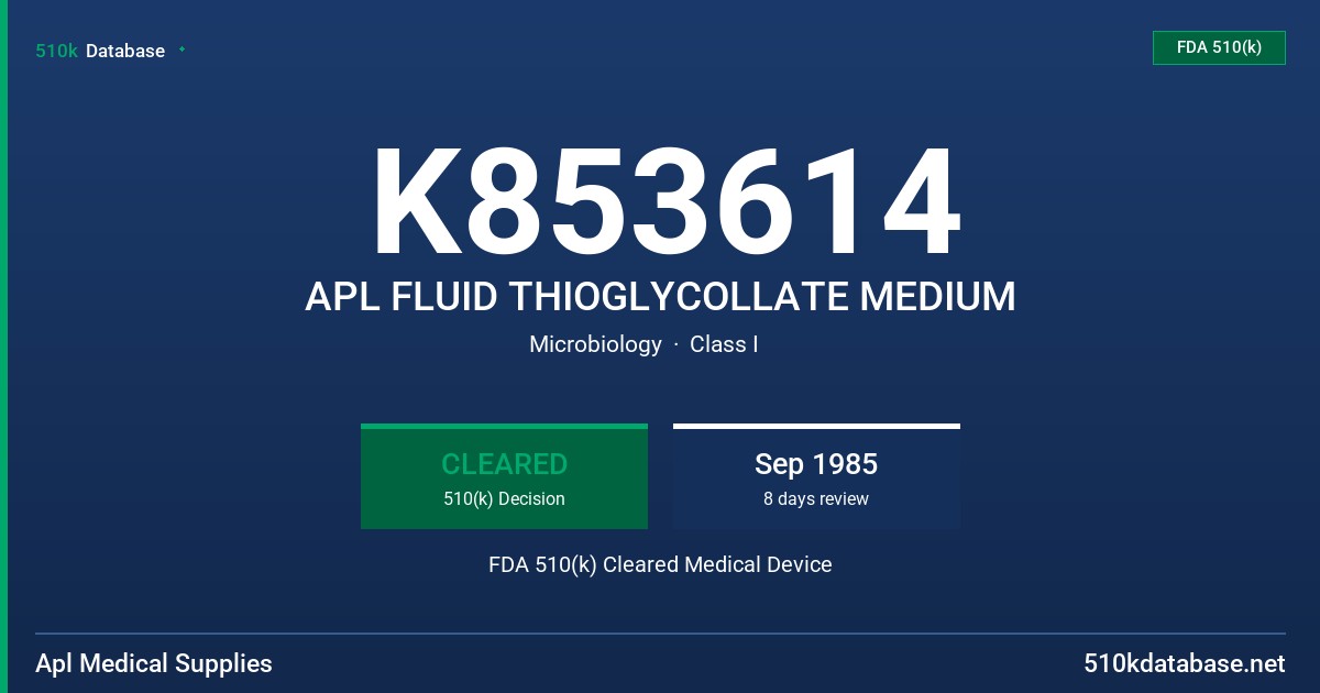 K853614 APL FLUID THIOGLYCOLLATE MEDIUM FDA 510(k) Cleared Medical Device