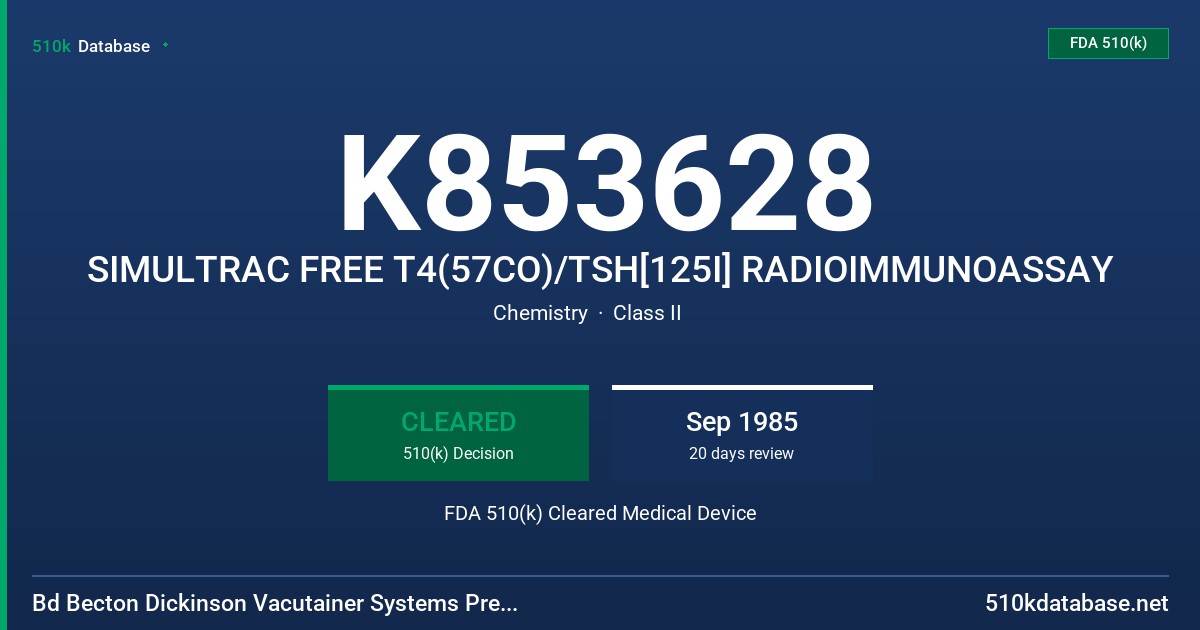 K853628 SIMULTRAC FREE T4(57CO)/TSH[125I] RADIOIMMUNOASSAY FDA 510(k) Cleared Medical Device
