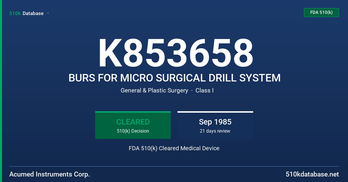 K853658 BURS FOR MICRO SURGICAL DRILL SYSTEM FDA 510(k) Cleared Medical Device