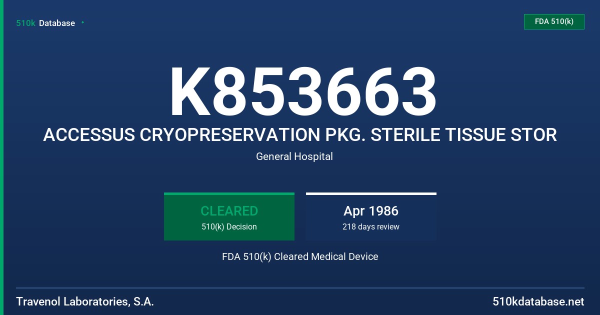 K853663 ACCESSUS CRYOPRESERVATION PKG. STERILE TISSUE STOR FDA 510(k) Cleared Medical Device