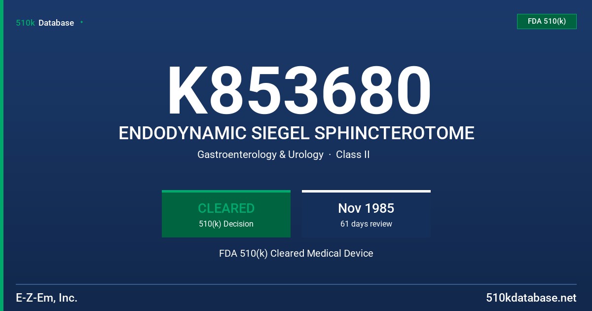 K853680 ENDODYNAMIC SIEGEL SPHINCTEROTOME FDA 510(k) Cleared Medical Device