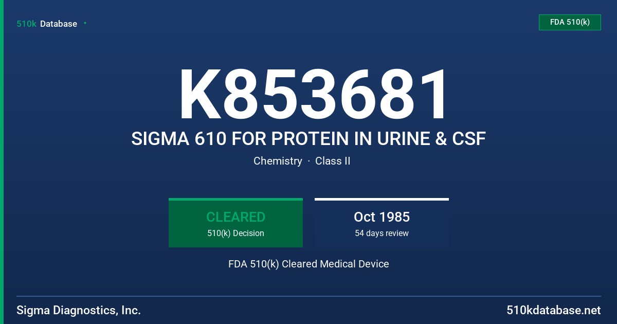K853681 SIGMA 610 FOR PROTEIN IN URINE & CSF FDA 510(k) Cleared Medical Device