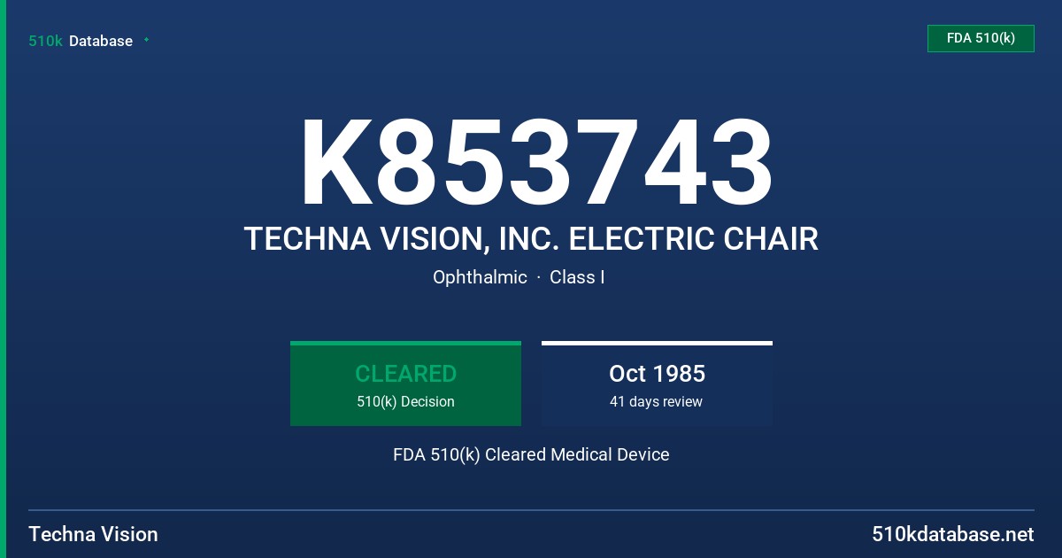 K853743 TECHNA VISION, INC. ELECTRIC CHAIR FDA 510(k) Cleared Medical Device