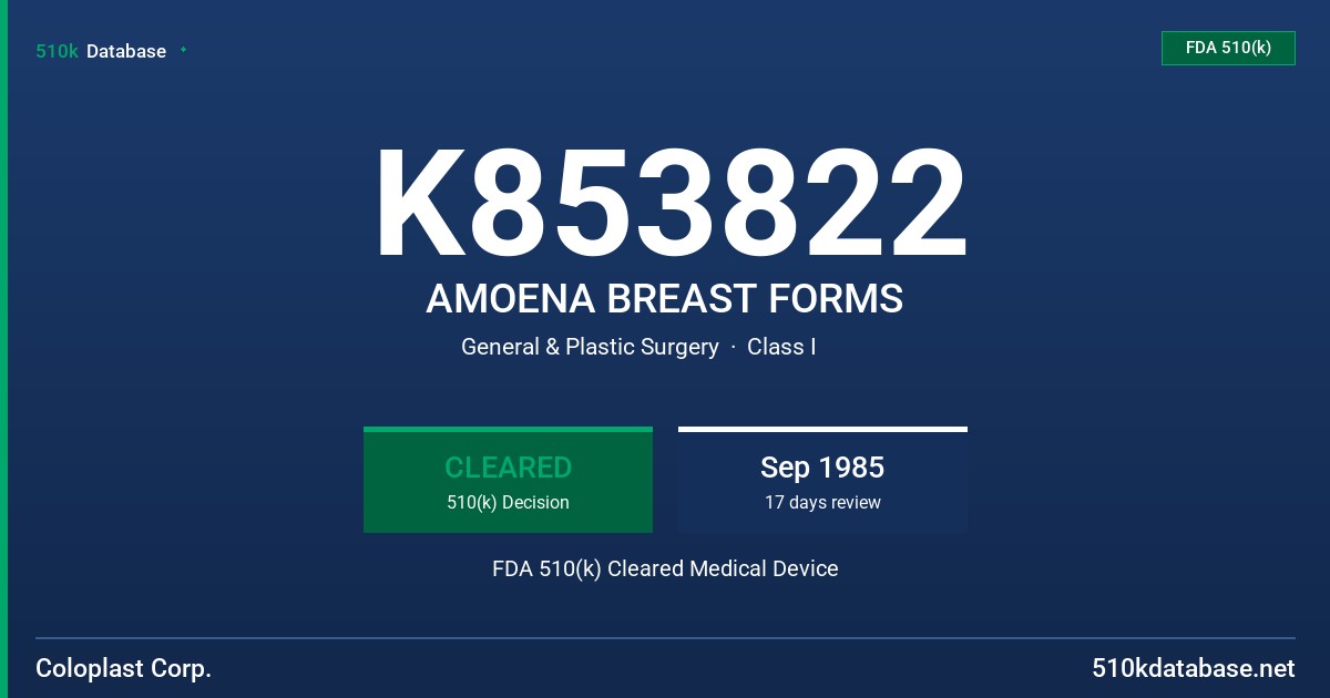 K853822 AMOENA BREAST FORMS FDA 510(k) Cleared Medical Device