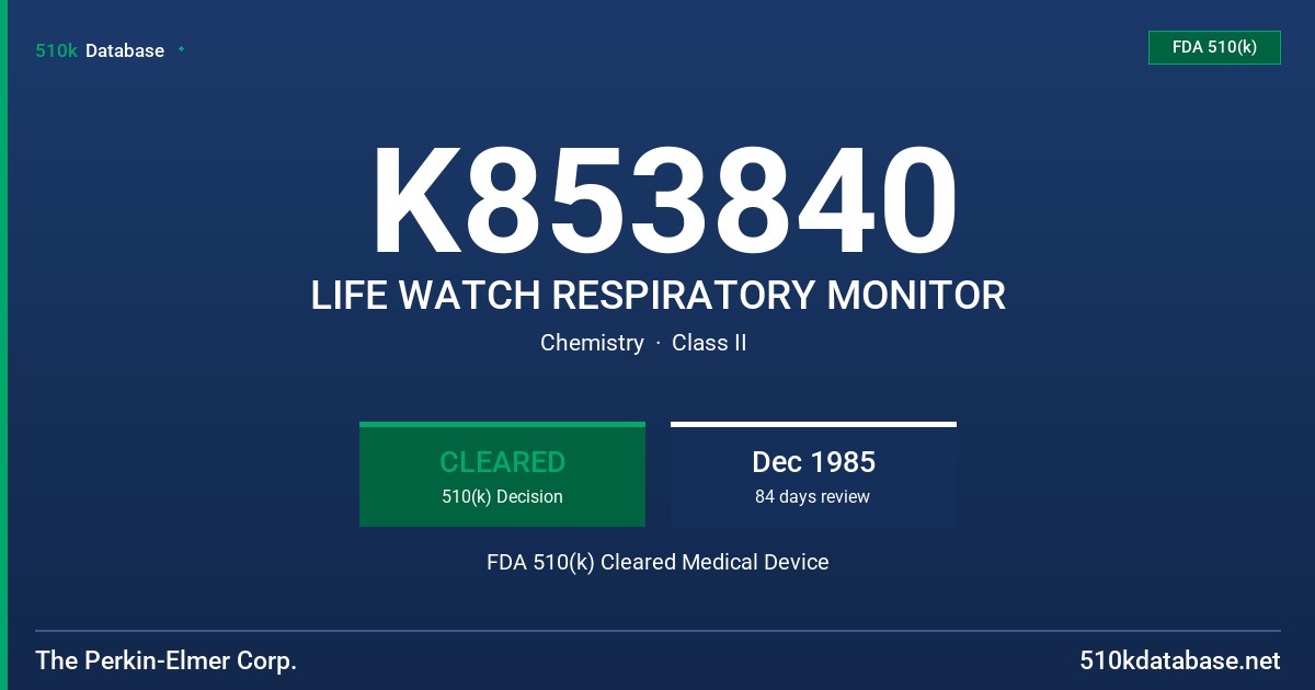 K853840 LIFE WATCH RESPIRATORY MONITOR FDA 510(k) Cleared Medical Device
