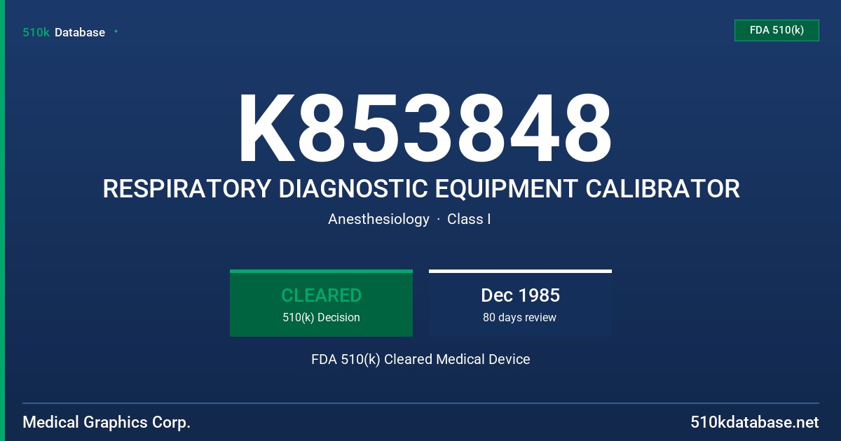 K853848 RESPIRATORY DIAGNOSTIC EQUIPMENT CALIBRATOR FDA 510(k) Cleared Medical Device