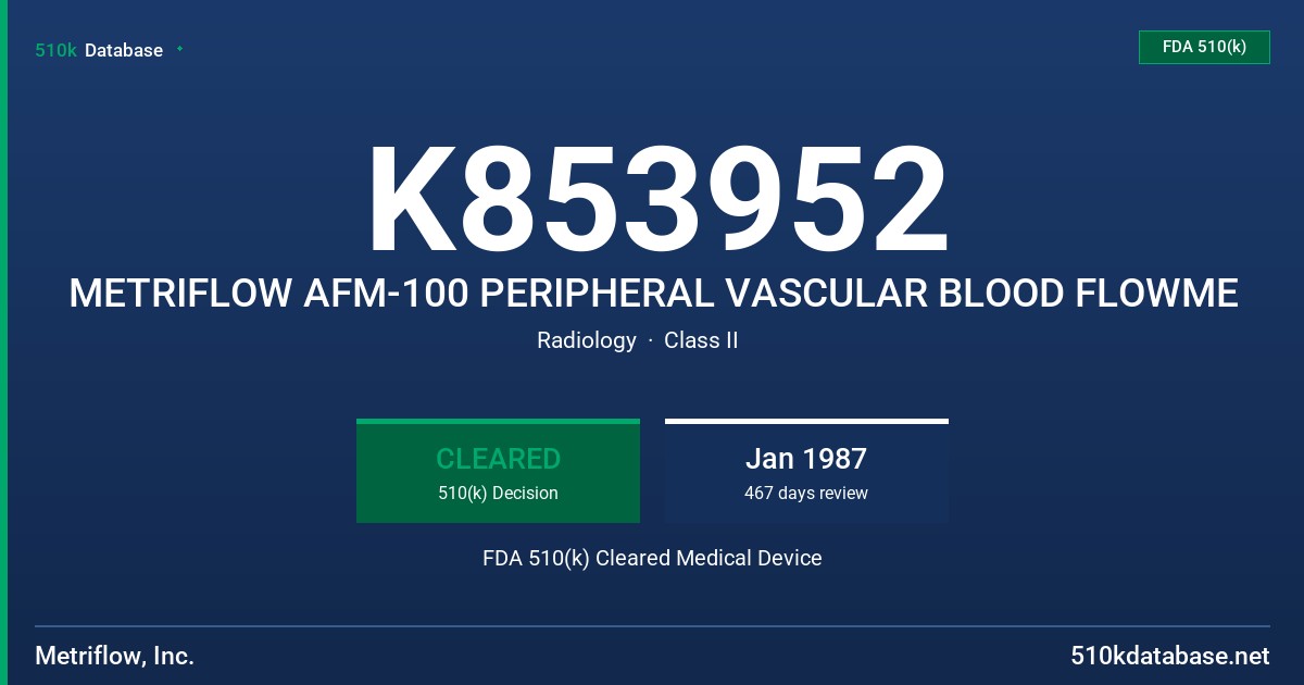 K853952 METRIFLOW AFM-100 PERIPHERAL VASCULAR BLOOD FLOWME FDA 510(k) Cleared Medical Device
