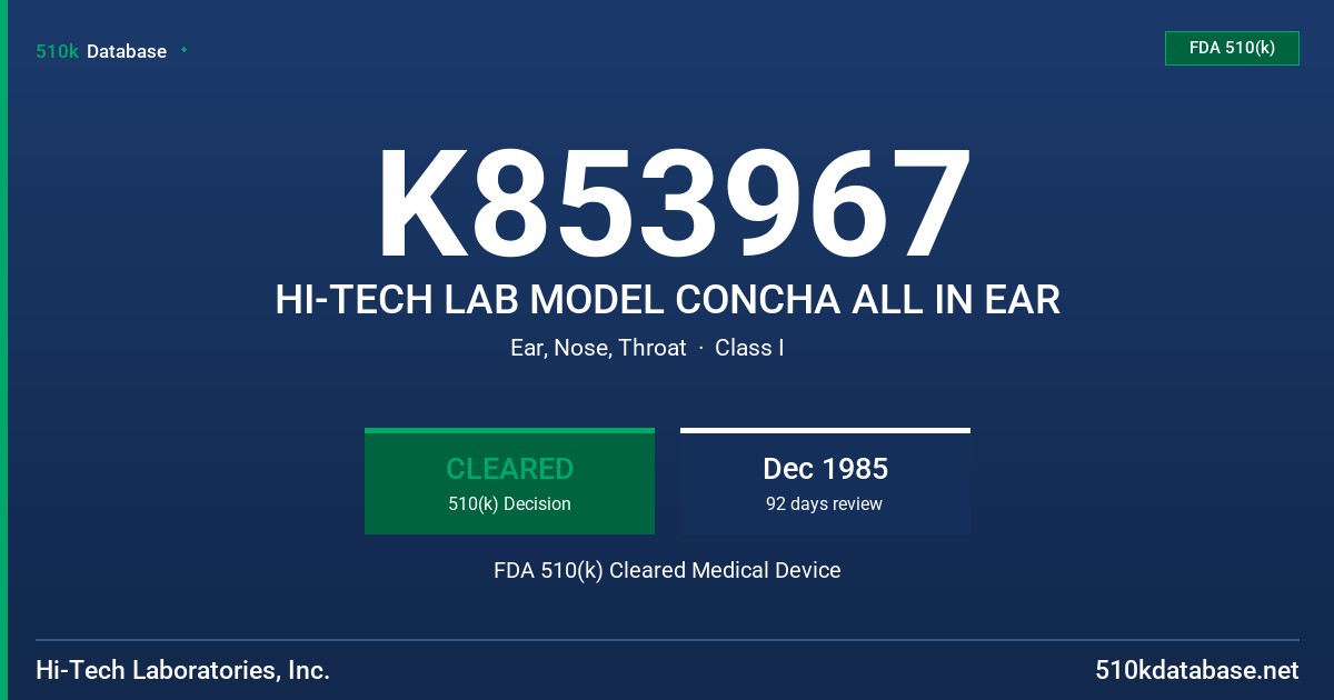 K853967 HI-TECH LAB MODEL CONCHA ALL IN EAR FDA 510(k) Cleared Medical Device