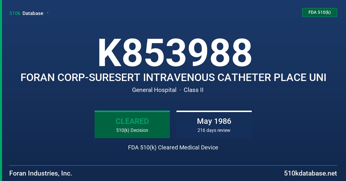 K853988 FORAN CORP-SURESERT INTRAVENOUS CATHETER PLACE UNI FDA 510(k) Cleared Medical Device