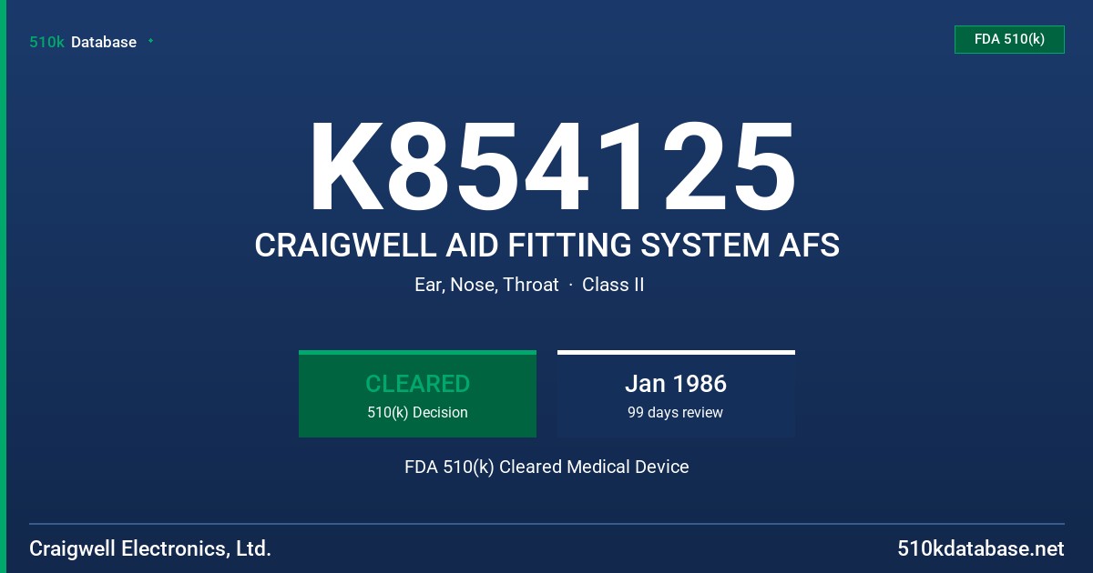 K854125 CRAIGWELL AID FITTING SYSTEM AFS FDA 510(k) Cleared Medical Device