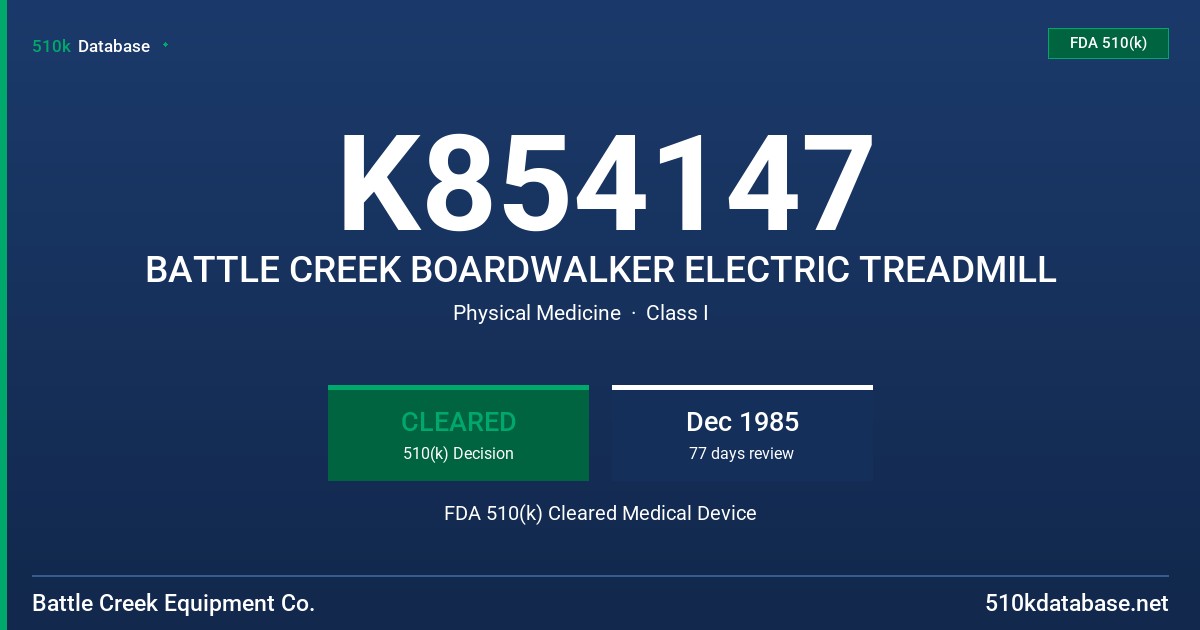 K854147 BATTLE CREEK BOARDWALKER ELECTRIC TREADMILL FDA 510(k) Cleared Medical Device