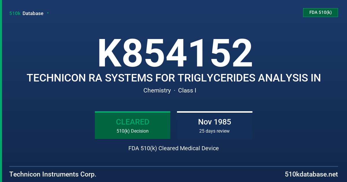 K854152 TECHNICON RA SYSTEMS FOR TRIGLYCERIDES ANALYSIS IN FDA 510(k) Cleared Medical Device