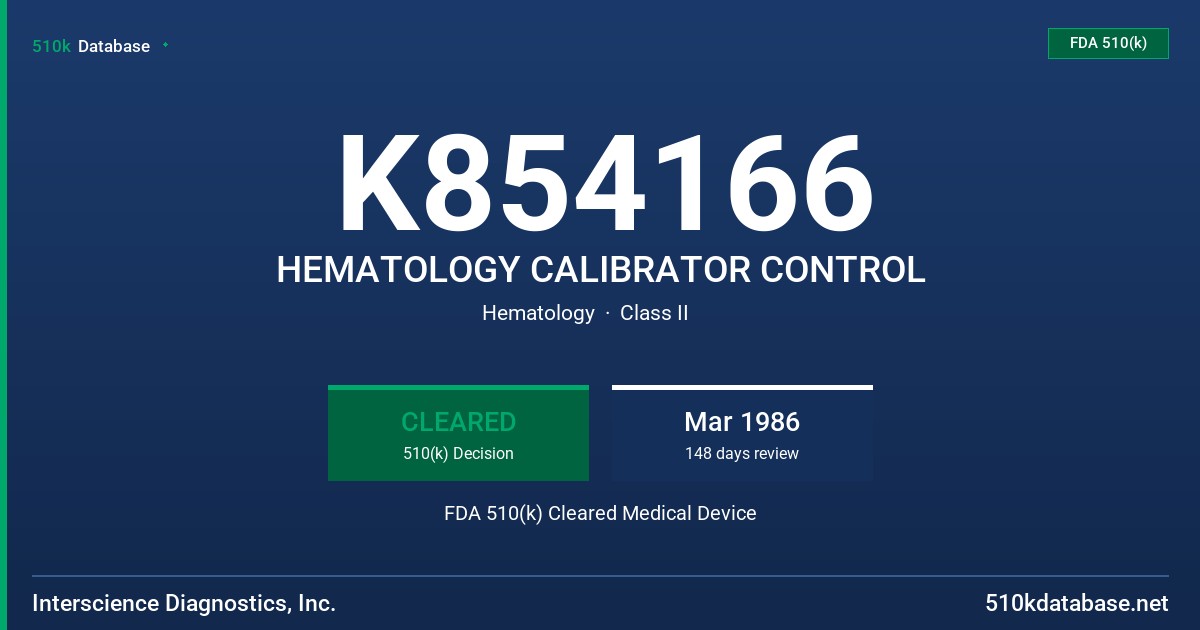 K854166 HEMATOLOGY CALIBRATOR CONTROL FDA 510(k) Cleared Medical Device