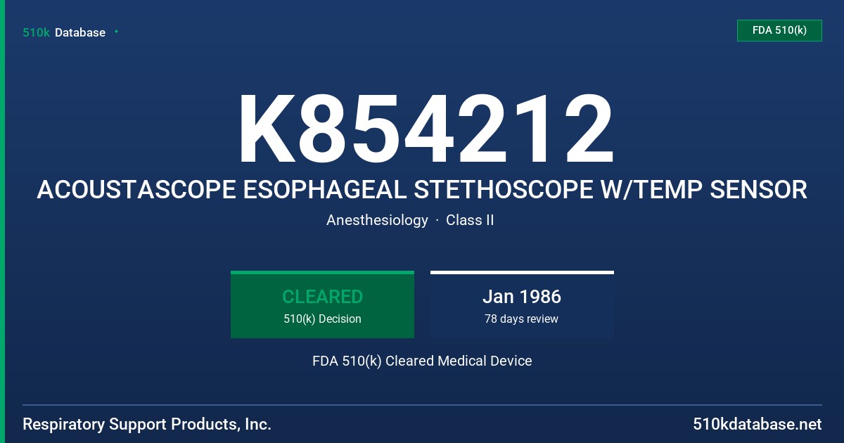 K854212 ACOUSTASCOPE ESOPHAGEAL STETHOSCOPE W/TEMP SENSOR FDA 510(k) Cleared Medical Device