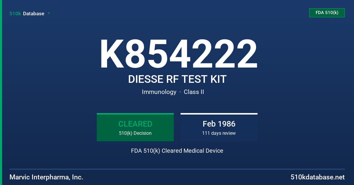 K854222 DIESSE RF TEST KIT FDA 510(k) Cleared Medical Device