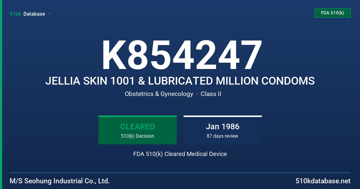 K854247 JELLIA SKIN 1001 & LUBRICATED MILLION CONDOMS FDA 510(k) Cleared Medical Device