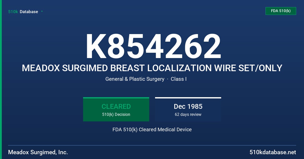 K854262 MEADOX SURGIMED BREAST LOCALIZATION WIRE SET/ONLY FDA 510(k) Cleared Medical Device