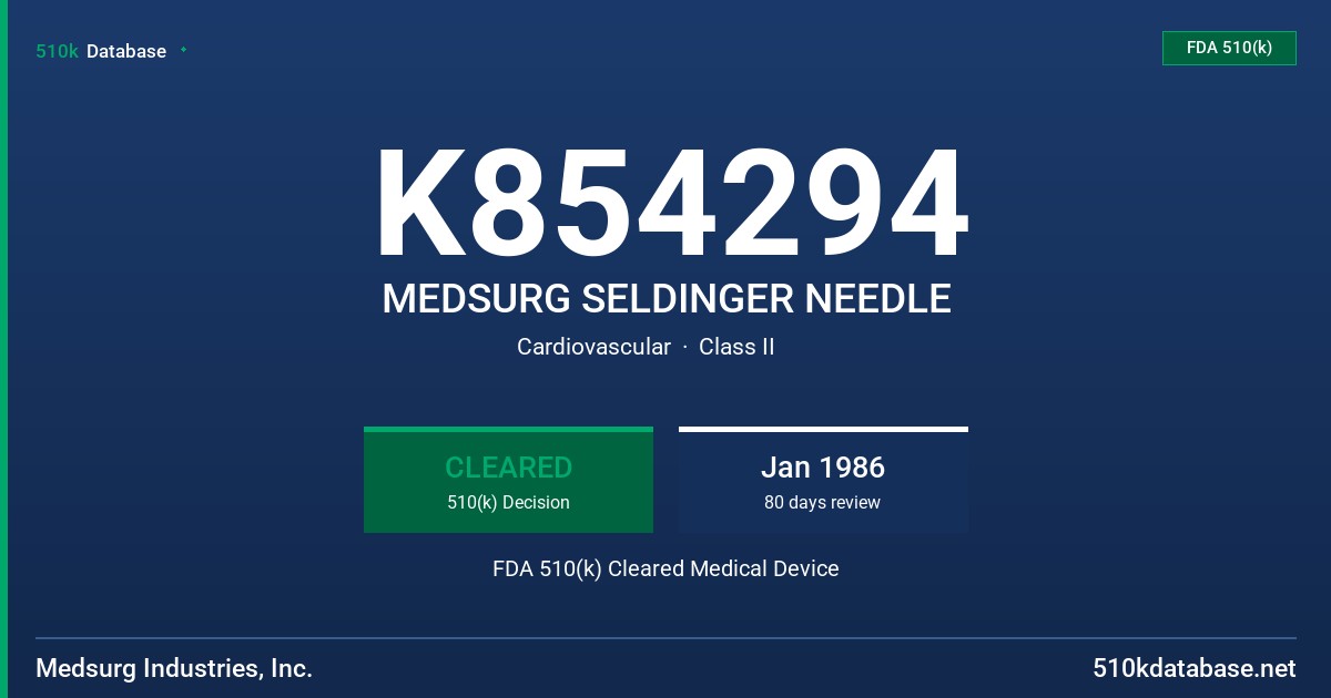 K854294 MEDSURG SELDINGER NEEDLE FDA 510(k) Cleared Medical Device