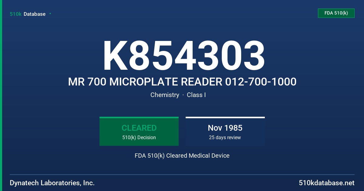 K854303 MR 700 MICROPLATE READER 012-700-1000 FDA 510(k) Cleared Medical Device