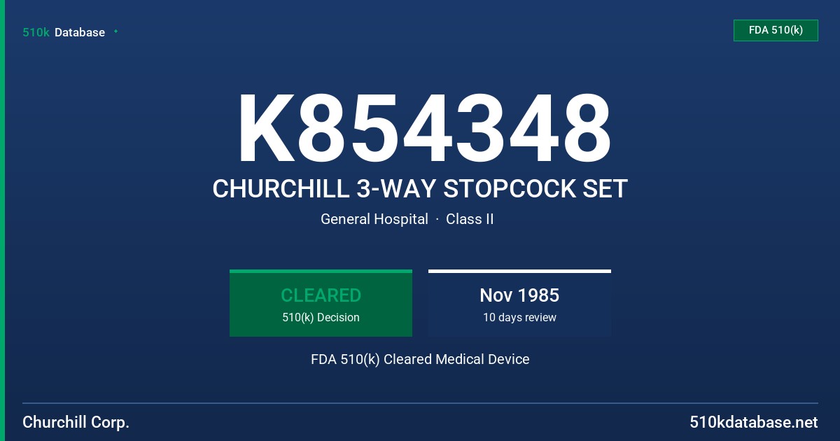 K854348 CHURCHILL 3-WAY STOPCOCK SET FDA 510(k) Cleared Medical Device