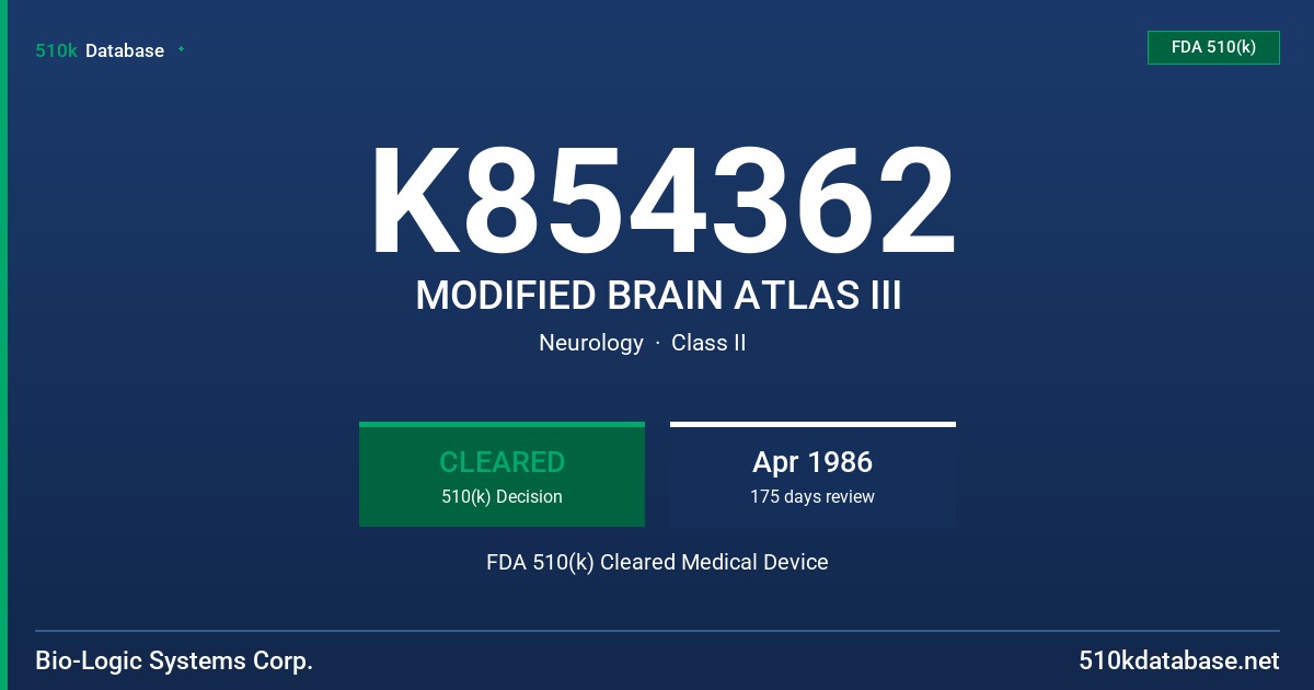K854362 MODIFIED BRAIN ATLAS III FDA 510(k) Cleared Medical Device