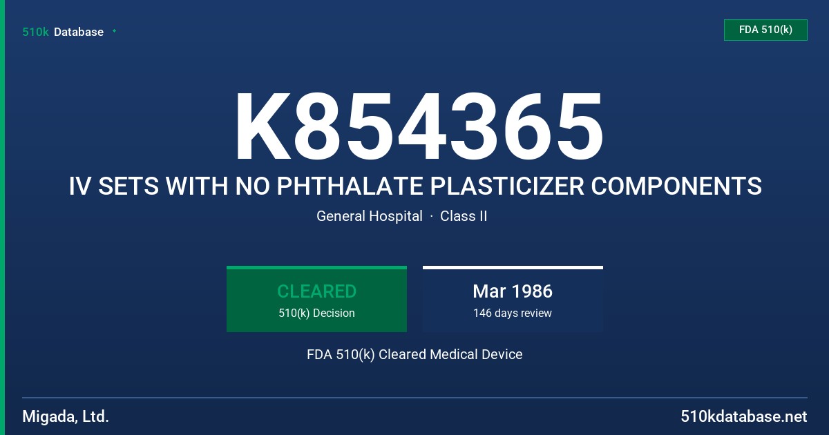 K854365 IV SETS WITH NO PHTHALATE PLASTICIZER COMPONENTS FDA 510(k) Cleared Medical Device