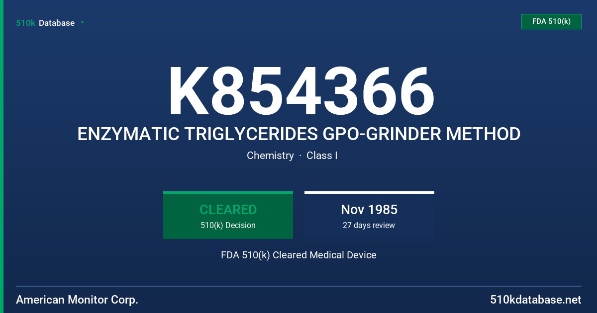 K854366 ENZYMATIC TRIGLYCERIDES GPO-GRINDER METHOD FDA 510(k) Cleared Medical Device