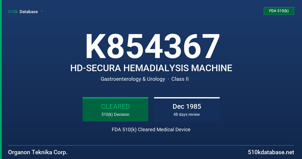 K854367 HD-SECURA HEMADIALYSIS MACHINE FDA 510(k) Cleared Medical Device