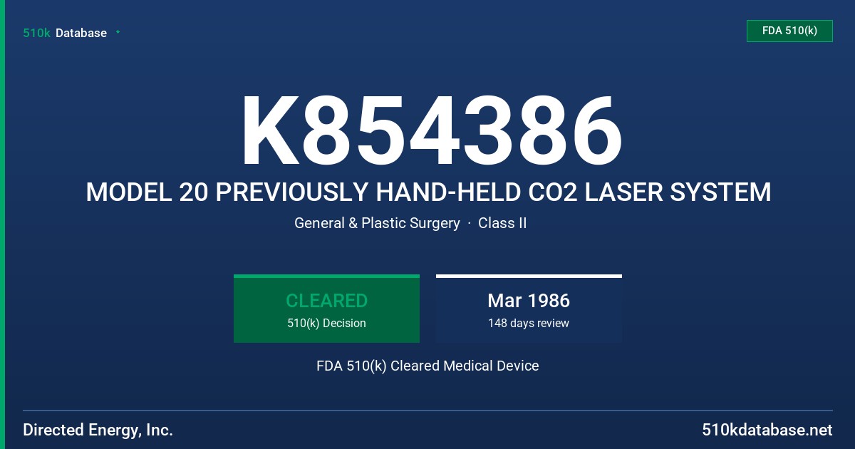 K854386 MODEL 20 PREVIOUSLY HAND-HELD CO2 LASER SYSTEM FDA 510(k) Cleared Medical Device