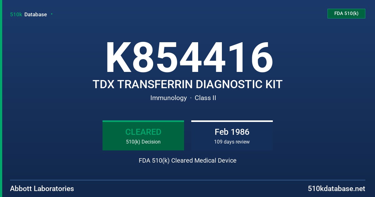 K854416 TDX TRANSFERRIN DIAGNOSTIC KIT FDA 510(k) Cleared Medical Device