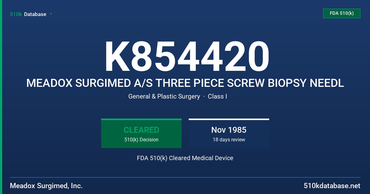K854420 MEADOX SURGIMED A/S THREE PIECE SCREW BIOPSY NEEDL FDA 510(k) Cleared Medical Device