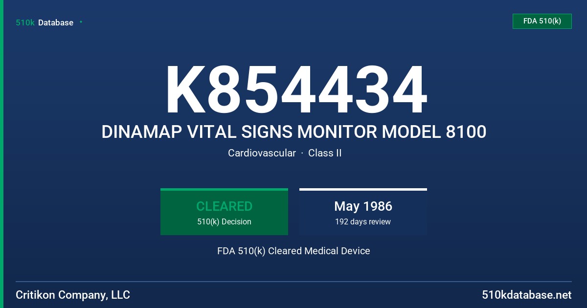 K854434 DINAMAP VITAL SIGNS MONITOR MODEL 8100 FDA 510(k) Cleared Medical Device