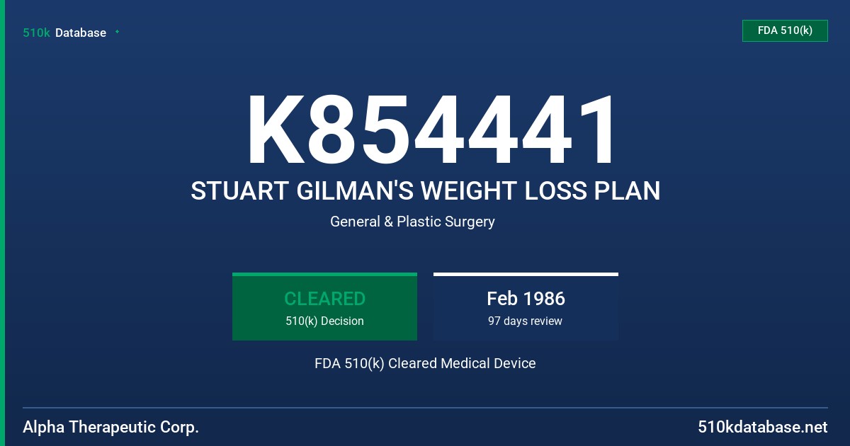 K854441 STUART GILMAN'S WEIGHT LOSS PLAN FDA 510(k) Cleared Medical Device